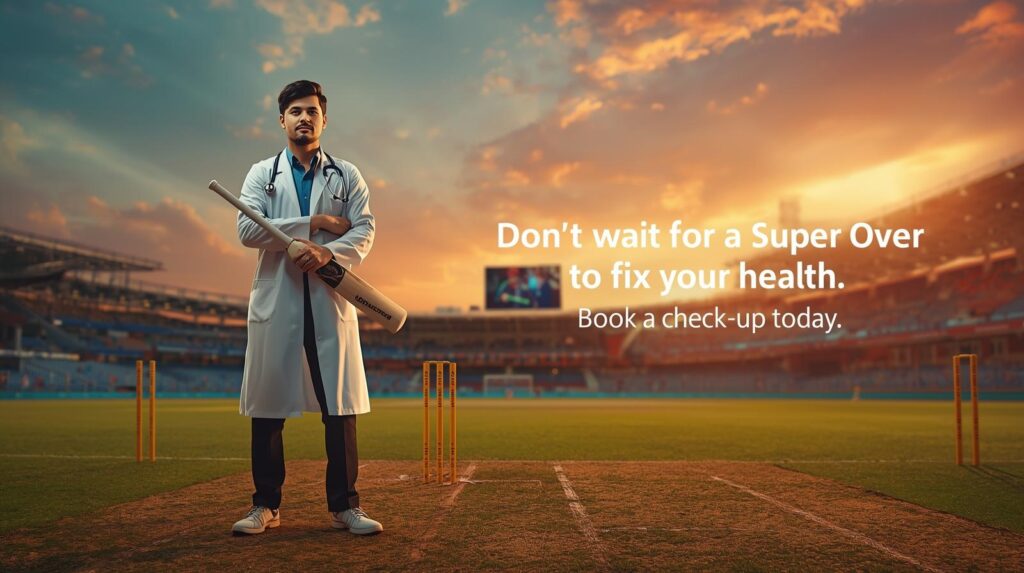 Indian doctor standing on a cricket pitch encouraging preventive health checkups to avoid lifestyle diseases like diabetes, hypertension, and thyroid.