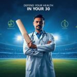 Doctor standing on a cricket stadium pitch holding a bat, symbolizing defending health in your 30s against lifestyle diseases like diabetes, hypertension, and thyroid.
