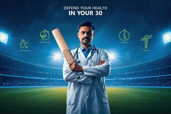 Doctor standing on a cricket stadium pitch holding a bat, symbolizing defending health in your 30s against lifestyle diseases like diabetes, hypertension, and thyroid.