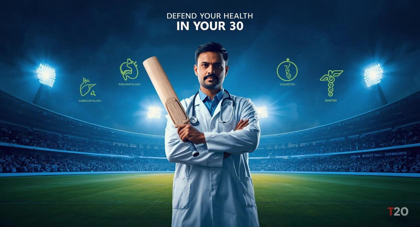 Doctor standing on a cricket stadium pitch holding a bat, symbolizing defending health in your 30s against lifestyle diseases like diabetes, hypertension, and thyroid.