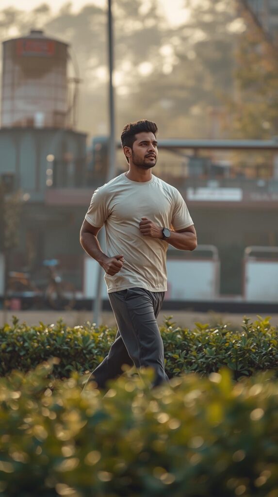 Indian man in his 30s doing morning jogging on a home terrace to maintain heart health and prevent lifestyle diseases like hypertension and diabetes, illustrating preventive cardiology.