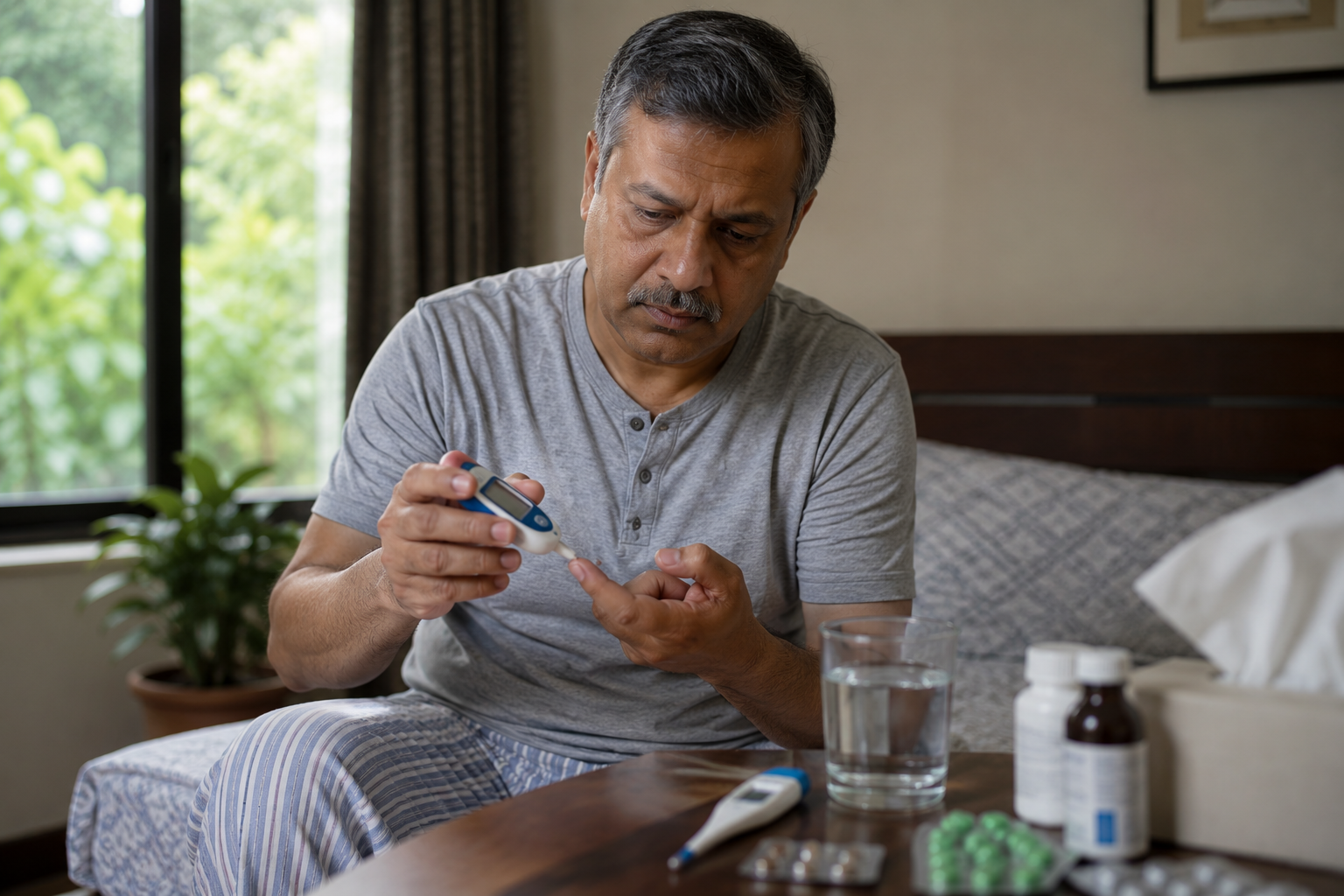 Diabetic patient checking blood sugar with a glucometer while managing a fever at home