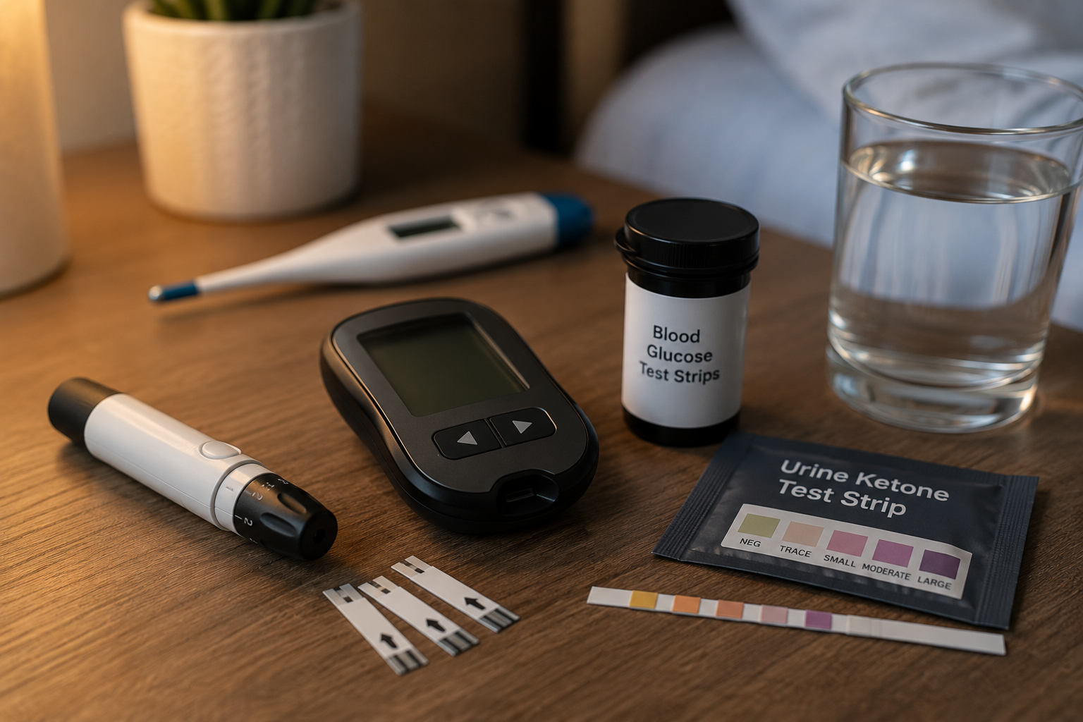Ketone test strip and glucometer kit laid out on a bedside table during illness monitoring