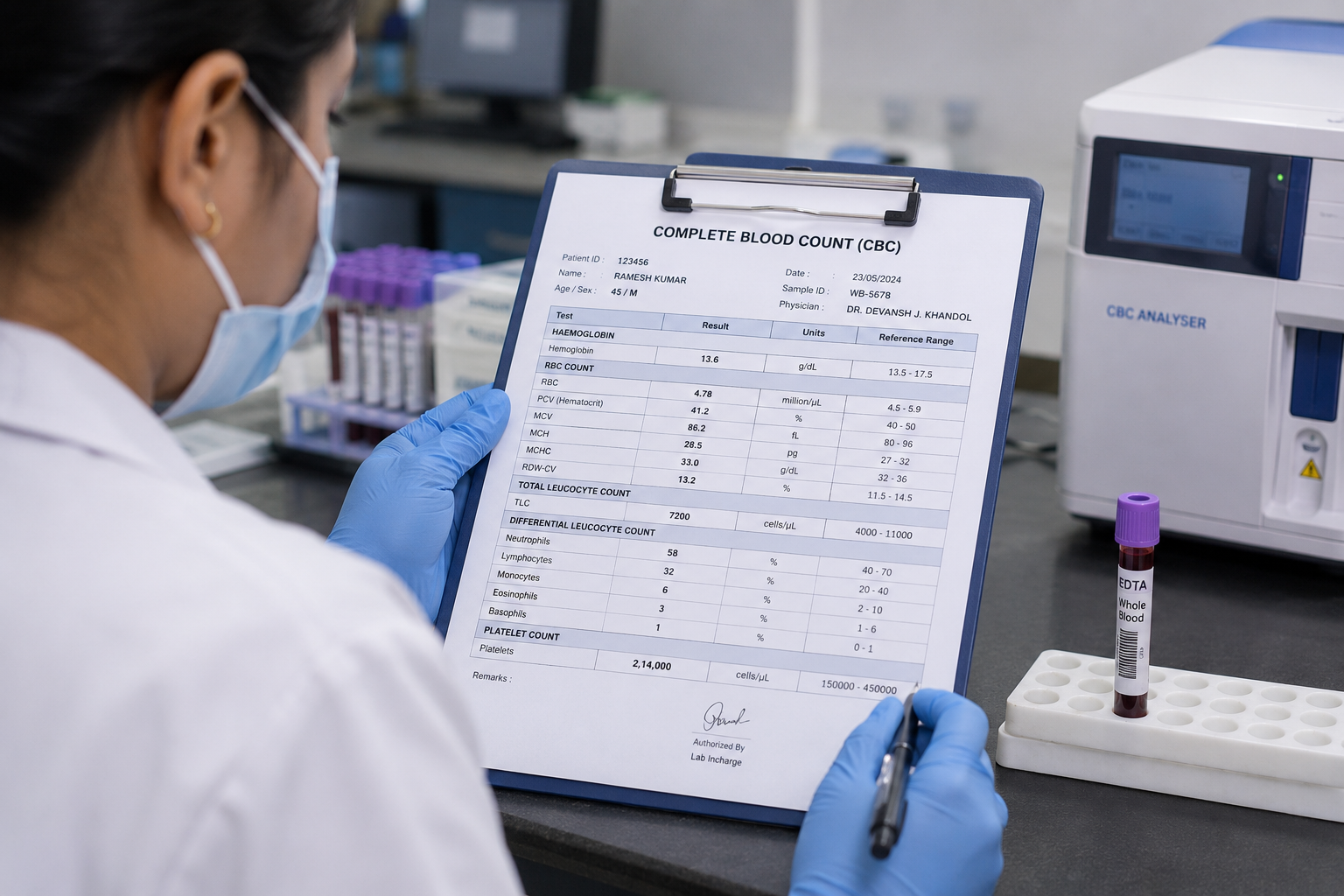 Lab technician reviewing a complete blood count report showing platelet levels for a dengue patient