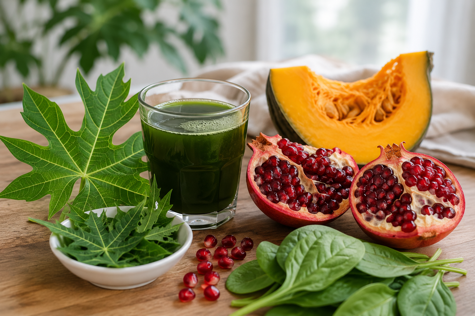 Bowl of papaya leaf extract, pomegranate, and pumpkin arranged as foods that support platelet recovery