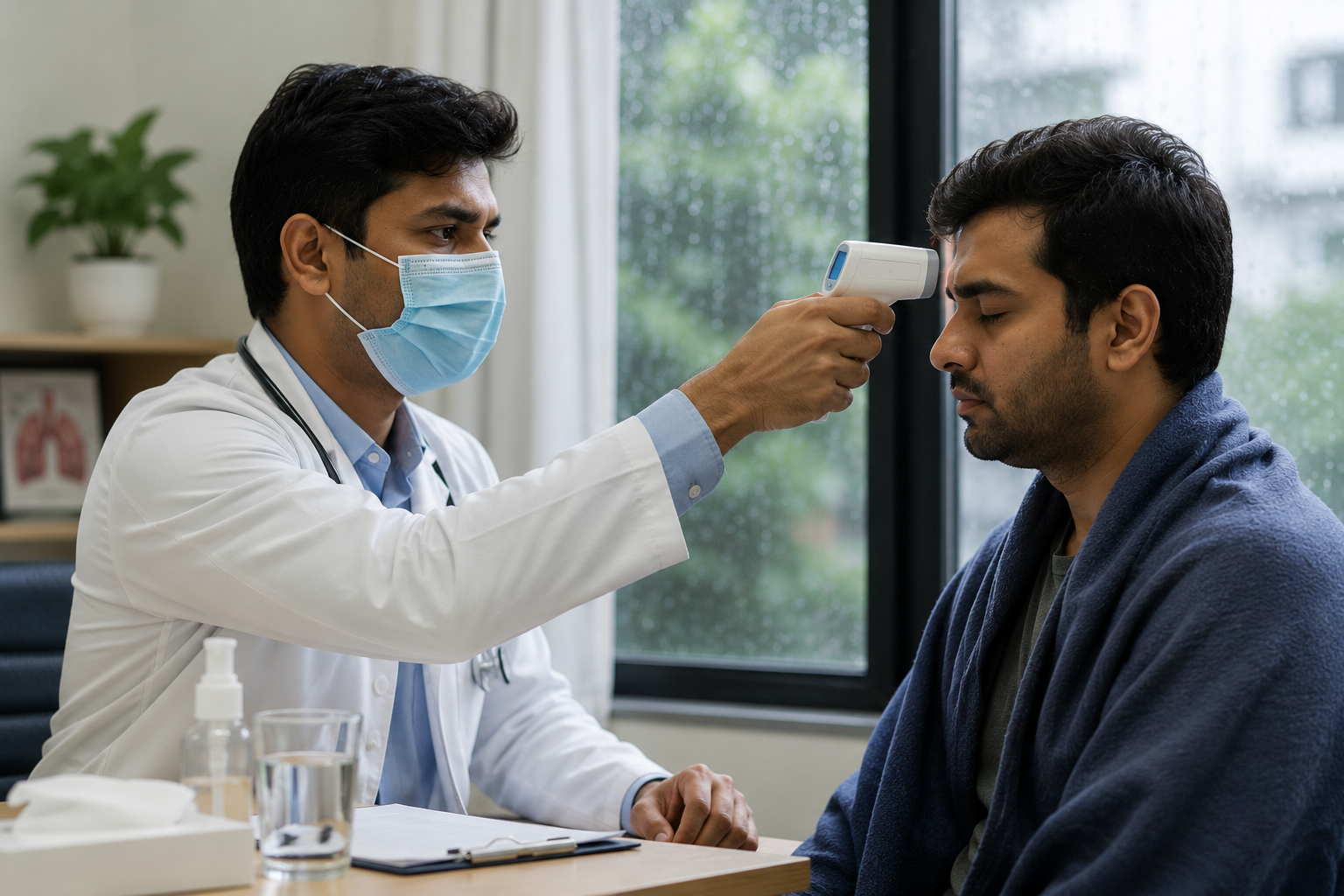 Doctor checking a patient's temperature during monsoon season at a Gandhidham hospital