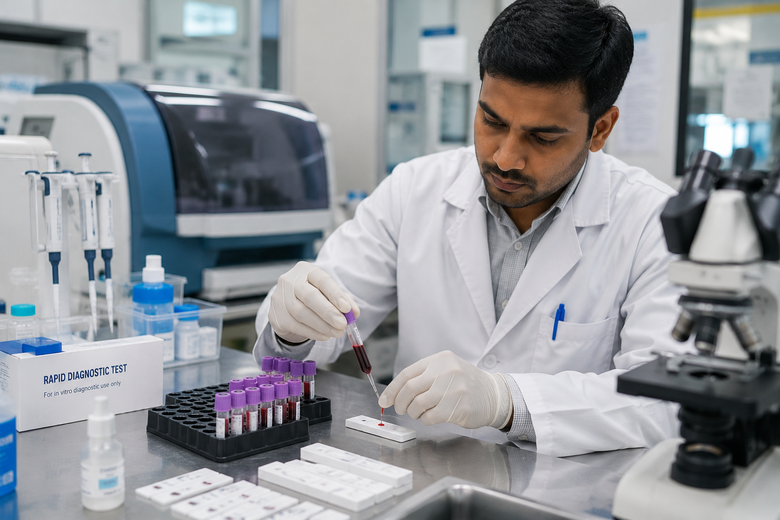 Laboratory technician processing a blood sample for dengue, malaria, and typhoid testing