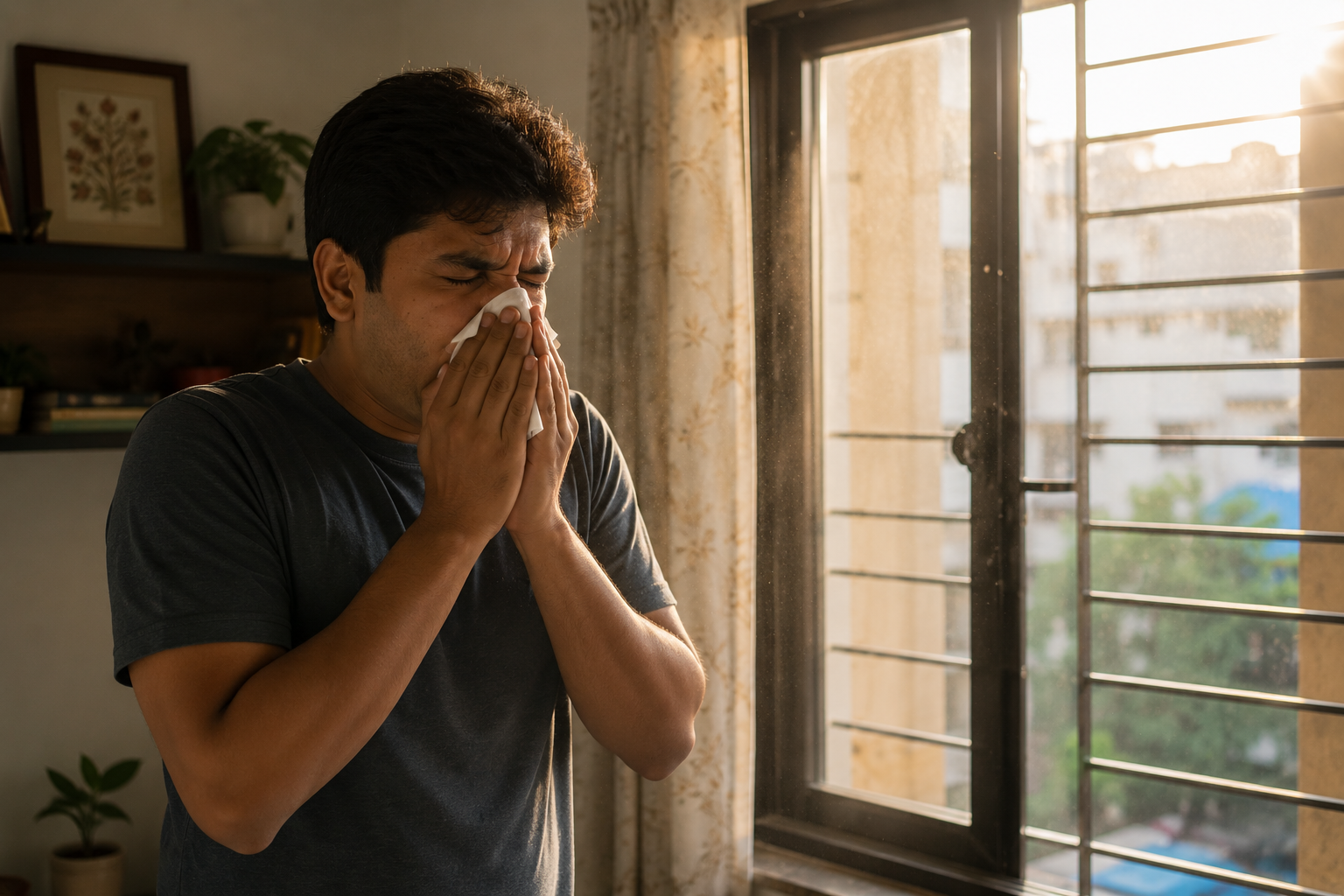 Person sneezing into a tissue during a dusty morning in Gandhidham, Kutch