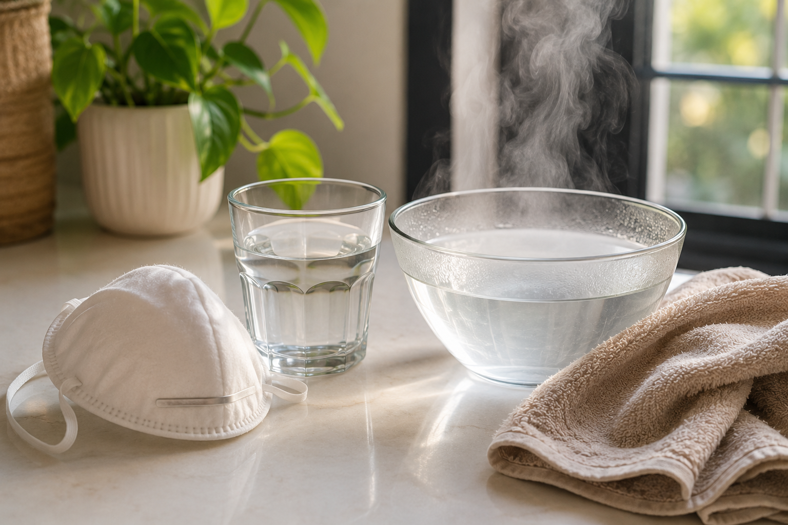 N95 mask and steam inhalation kit used to manage dust allergy symptoms at home