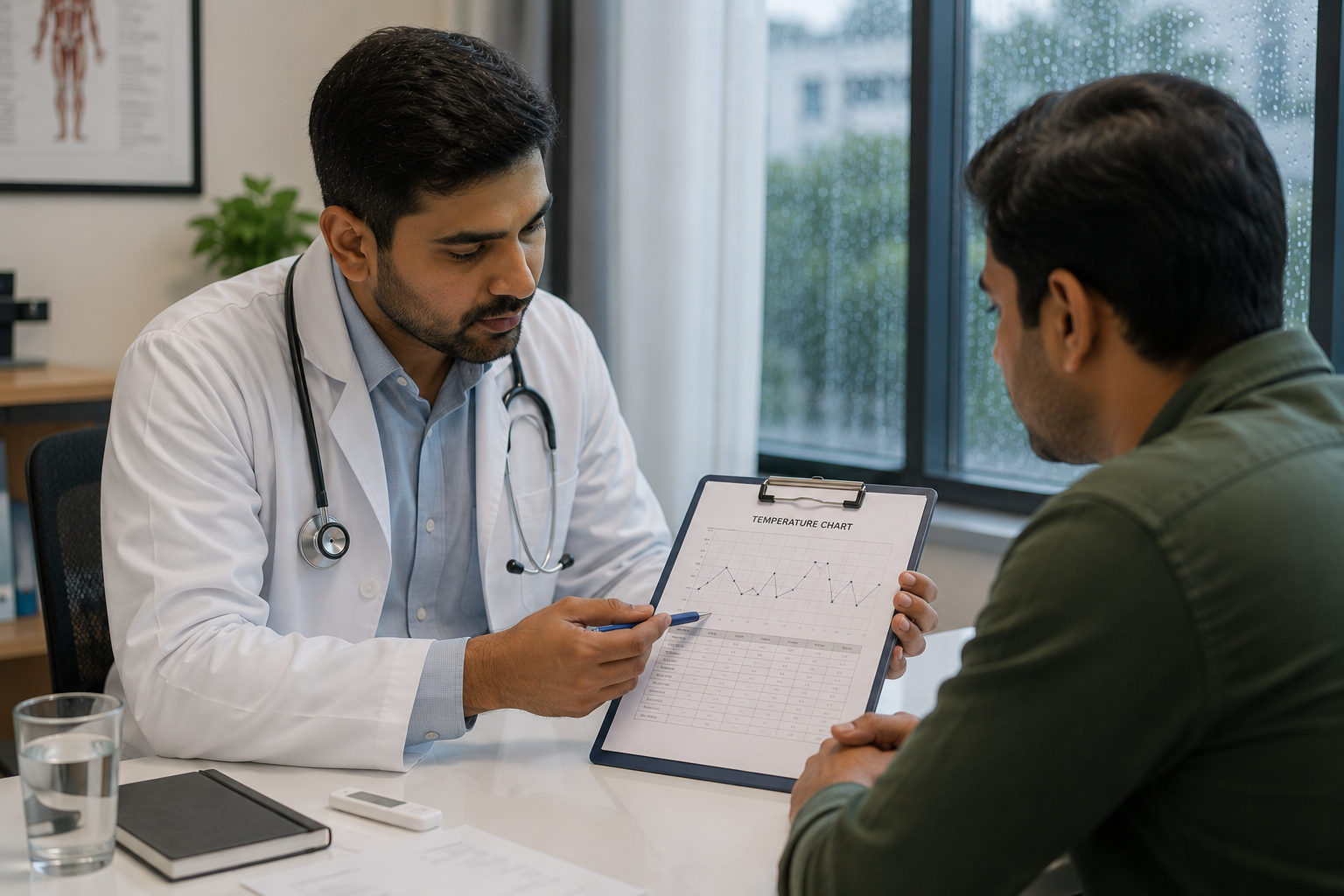 Doctor reviewing a patient's fever chart during a monsoon typhoid consultation in Gandhidham