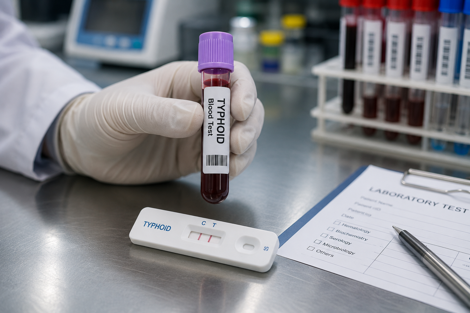 Lab technician preparing a blood sample for Typhidot and Widal testing in a diagnostic lab