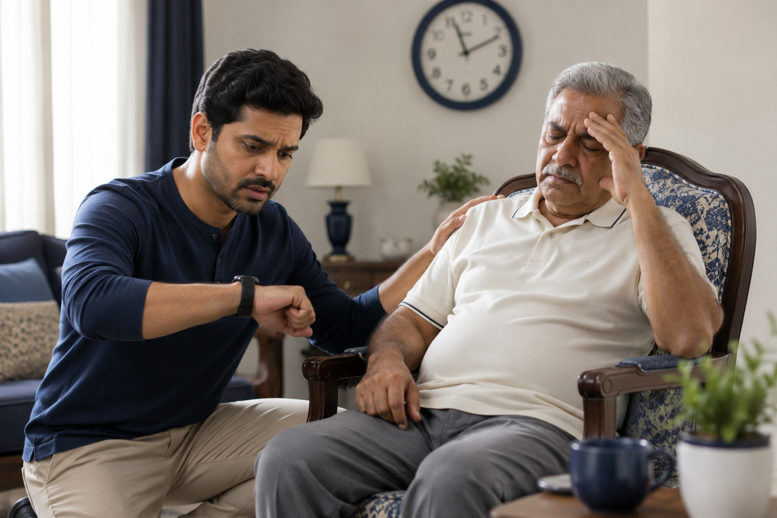 Family member noticing signs of a stroke in an elderly relative and checking a clock to note the time