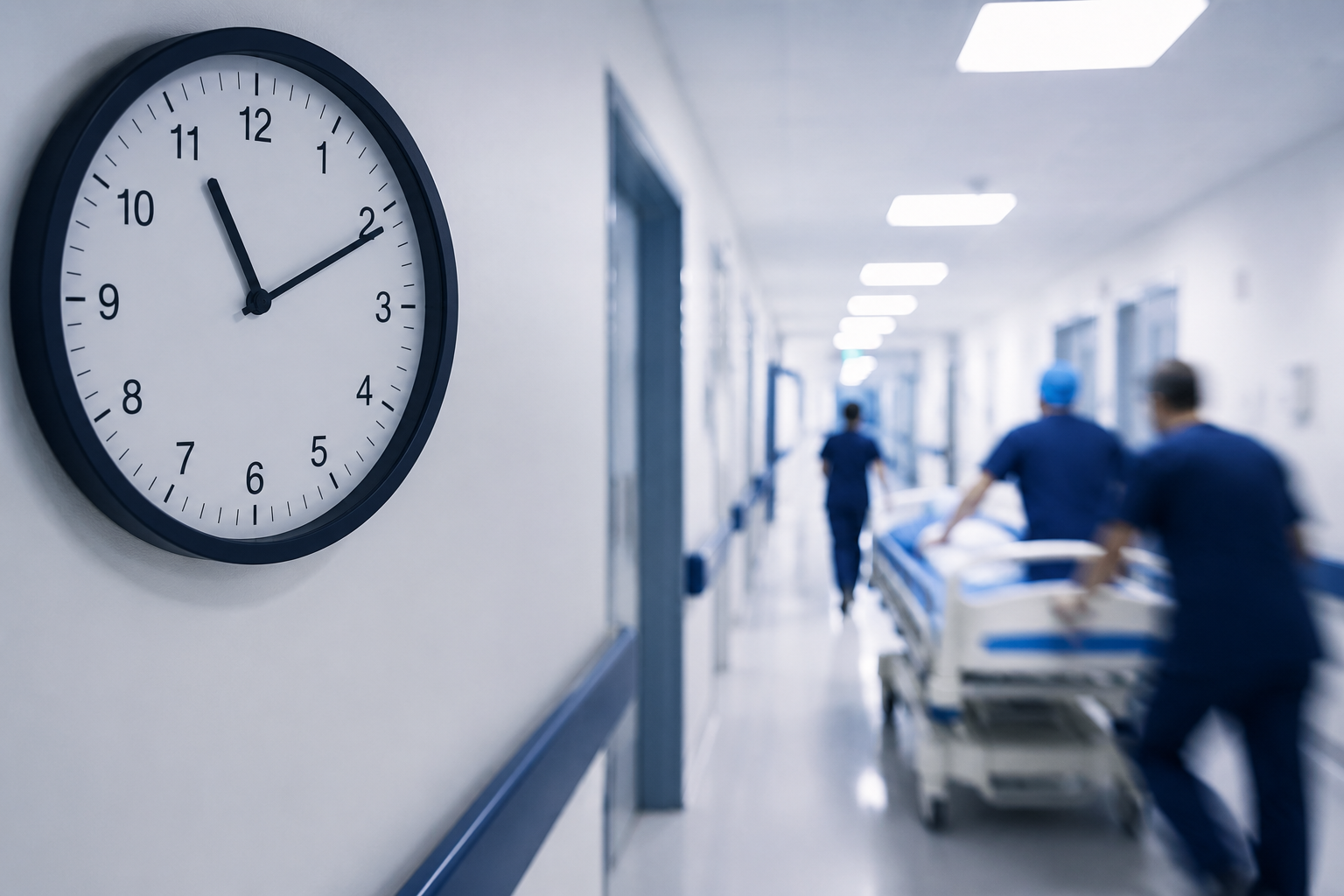 Clock overlaid on a hospital corridor illustrating the urgency of the stroke golden hour