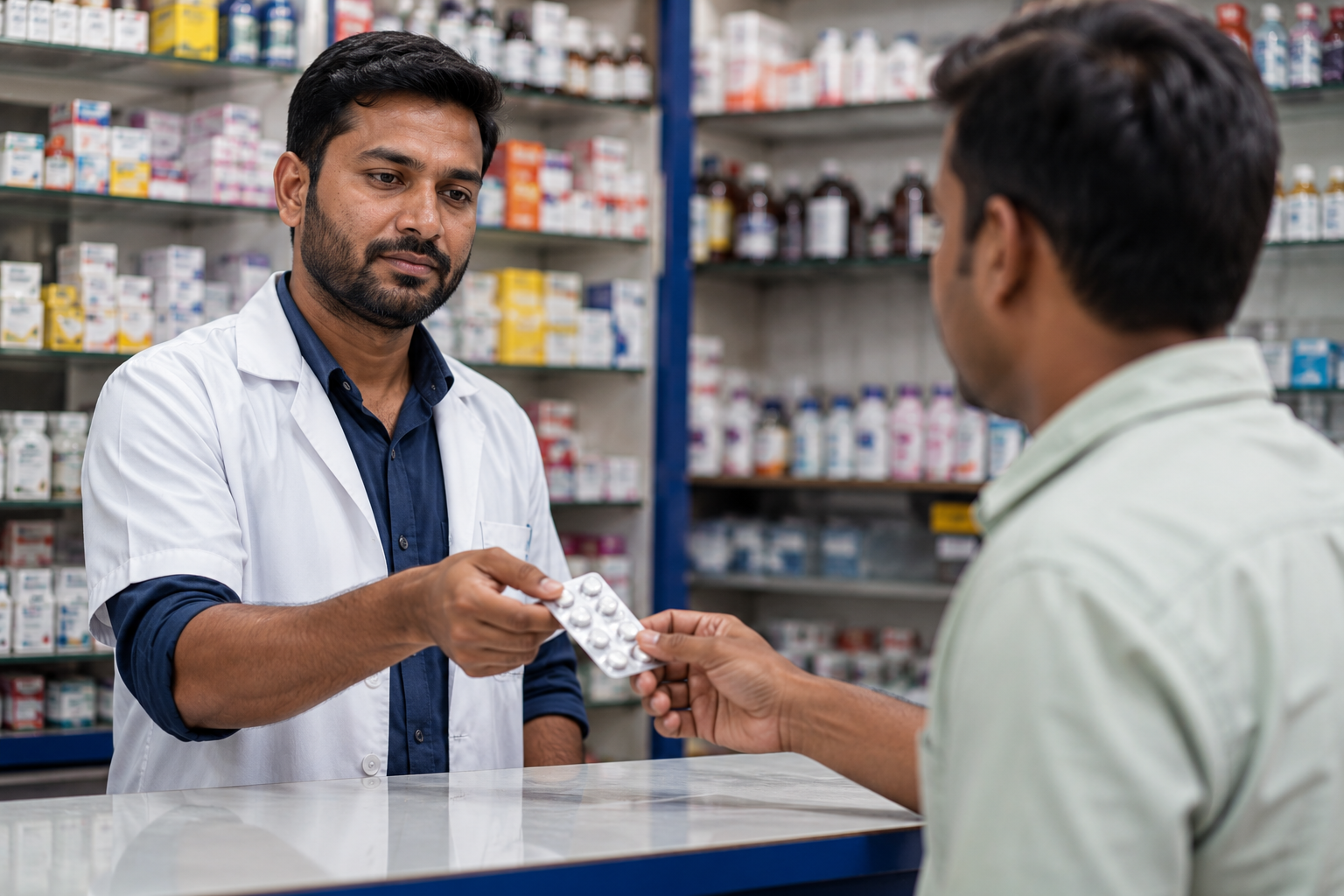 Pharmacist handing over antibiotic strips to a customer at an Indian chemist counter without a prescription