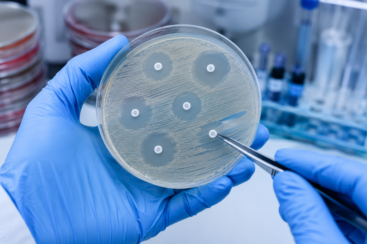 Laboratory petri dish showing bacterial culture and sensitivity test with antibiotic discs