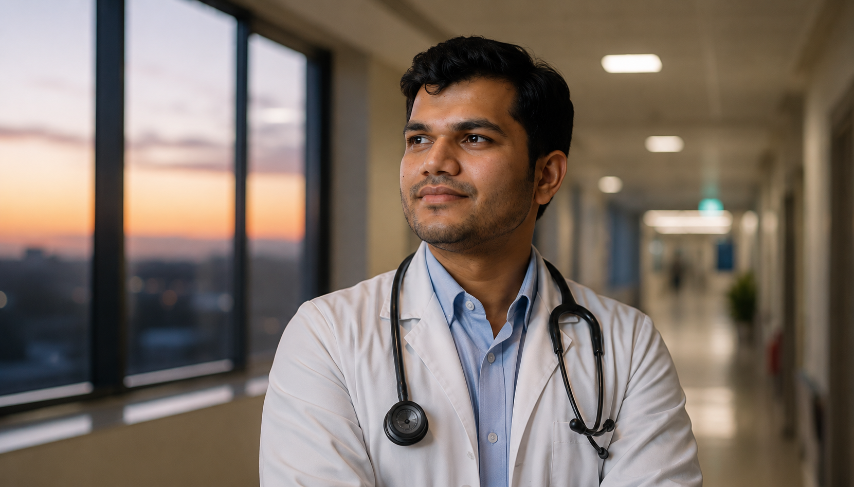 Dr. Devansh J. Khandol, rheumatologist, standing in a hospital corridor at Swasthya Hospital Gandhidham