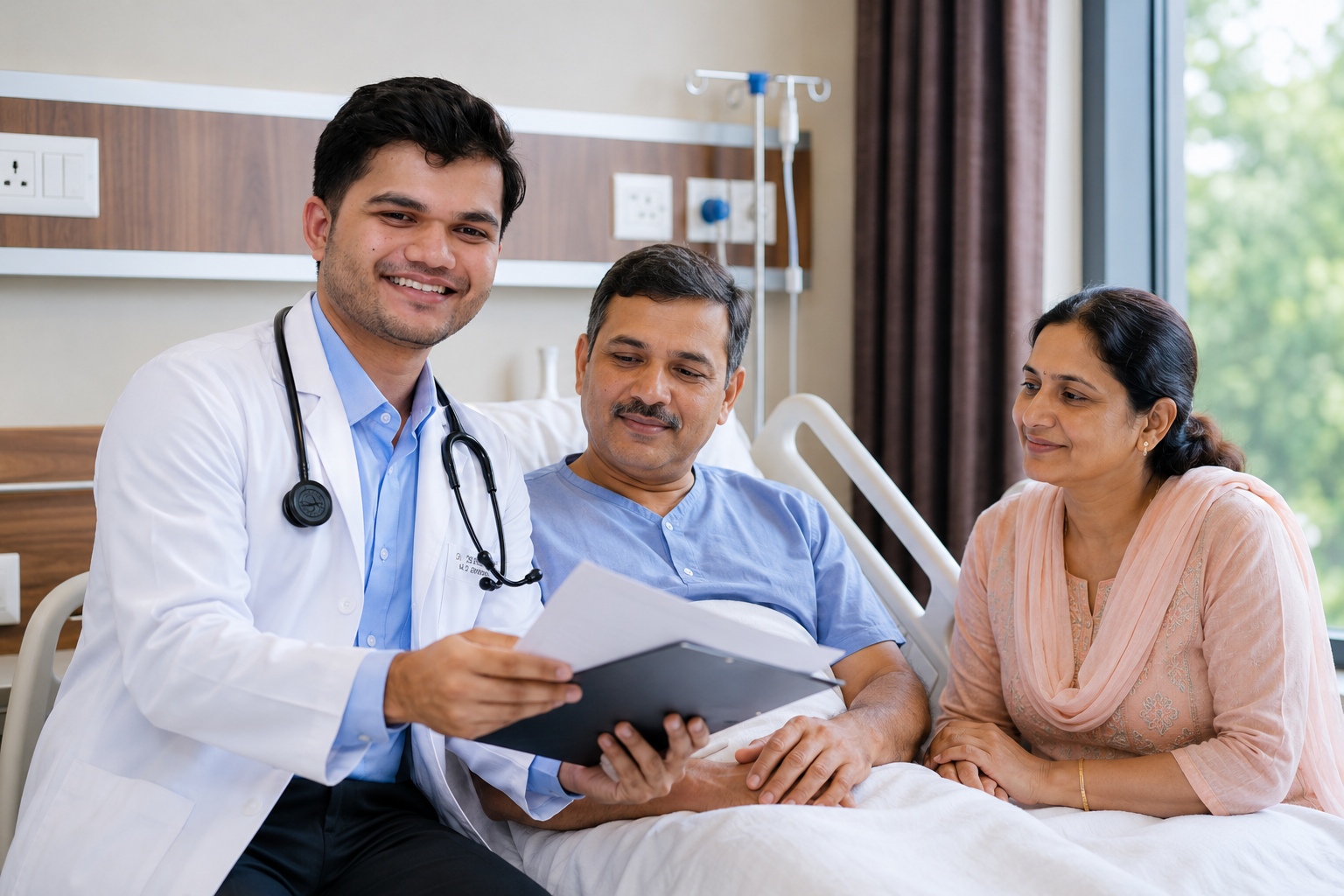Doctor reviewing patient recovery progress with a family in a hospital ward