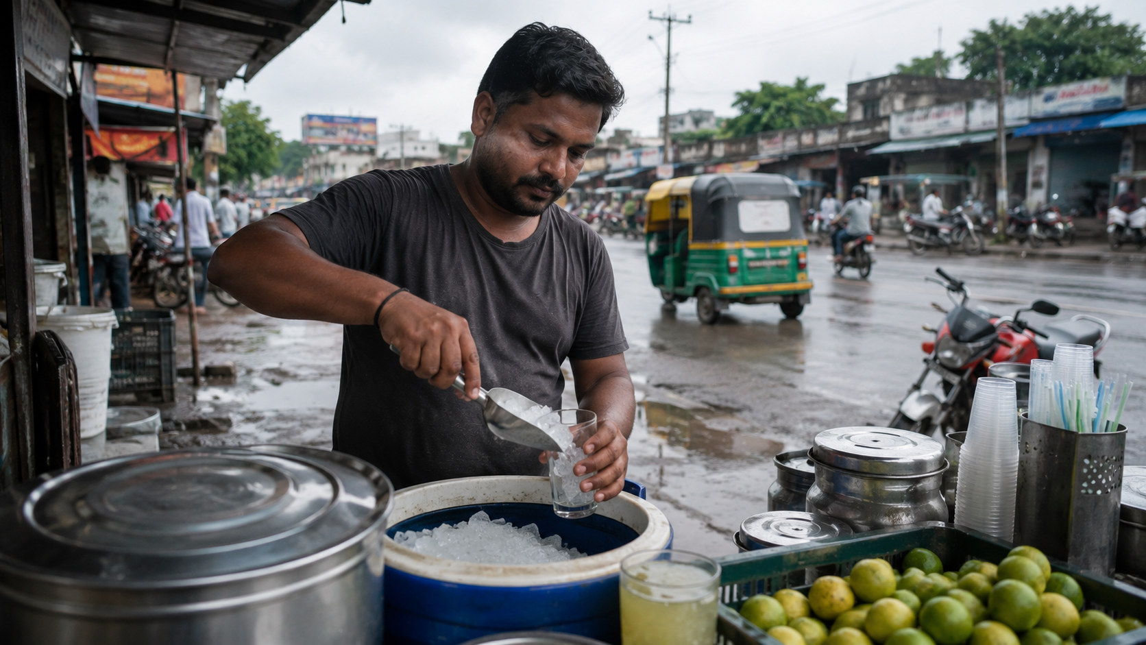 Roadside vendor scooping ice from an open container into a glass of juice during monsoon in Gujarat