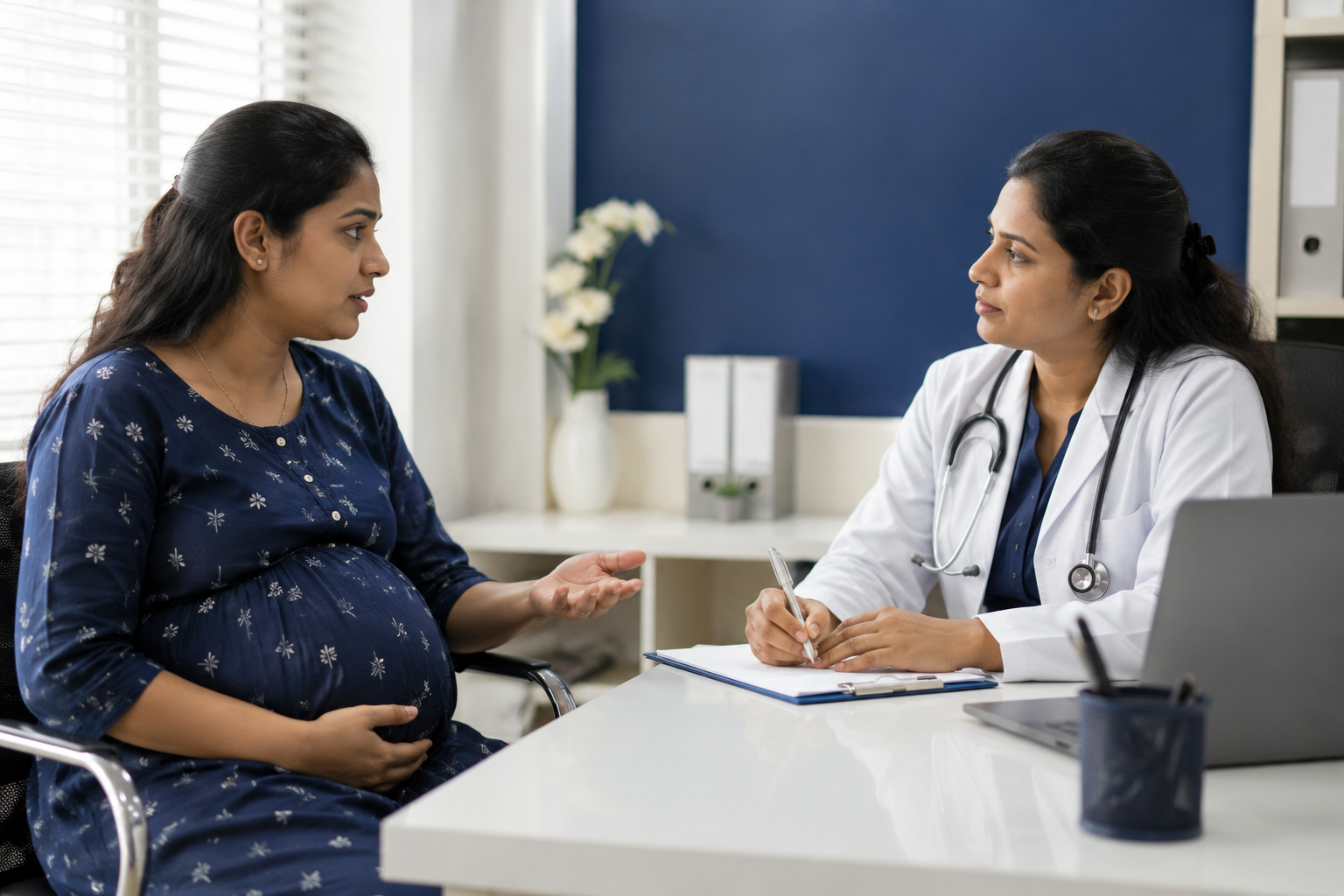 Pregnant woman consulting a doctor about jaundice and fatigue symptoms during monsoon