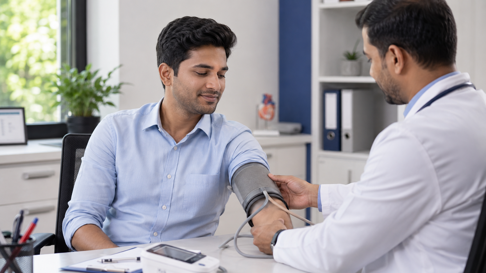 Young Indian man in his 30s having his blood pressure checked by a doctor while appearing outwardly healthy