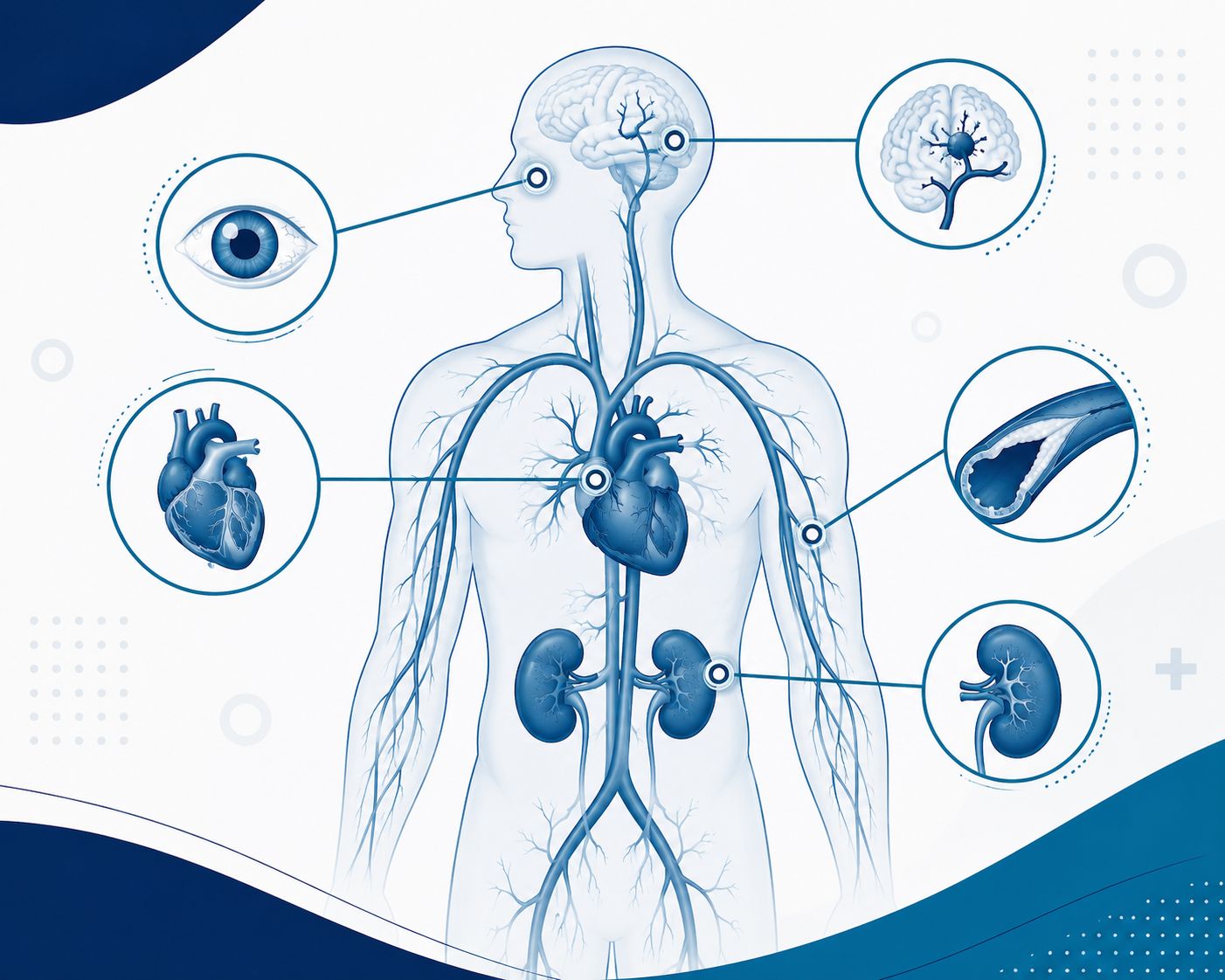 Medical illustration style diagram showing how high blood pressure silently affects the heart, arteries, kidneys, brain, and eyes