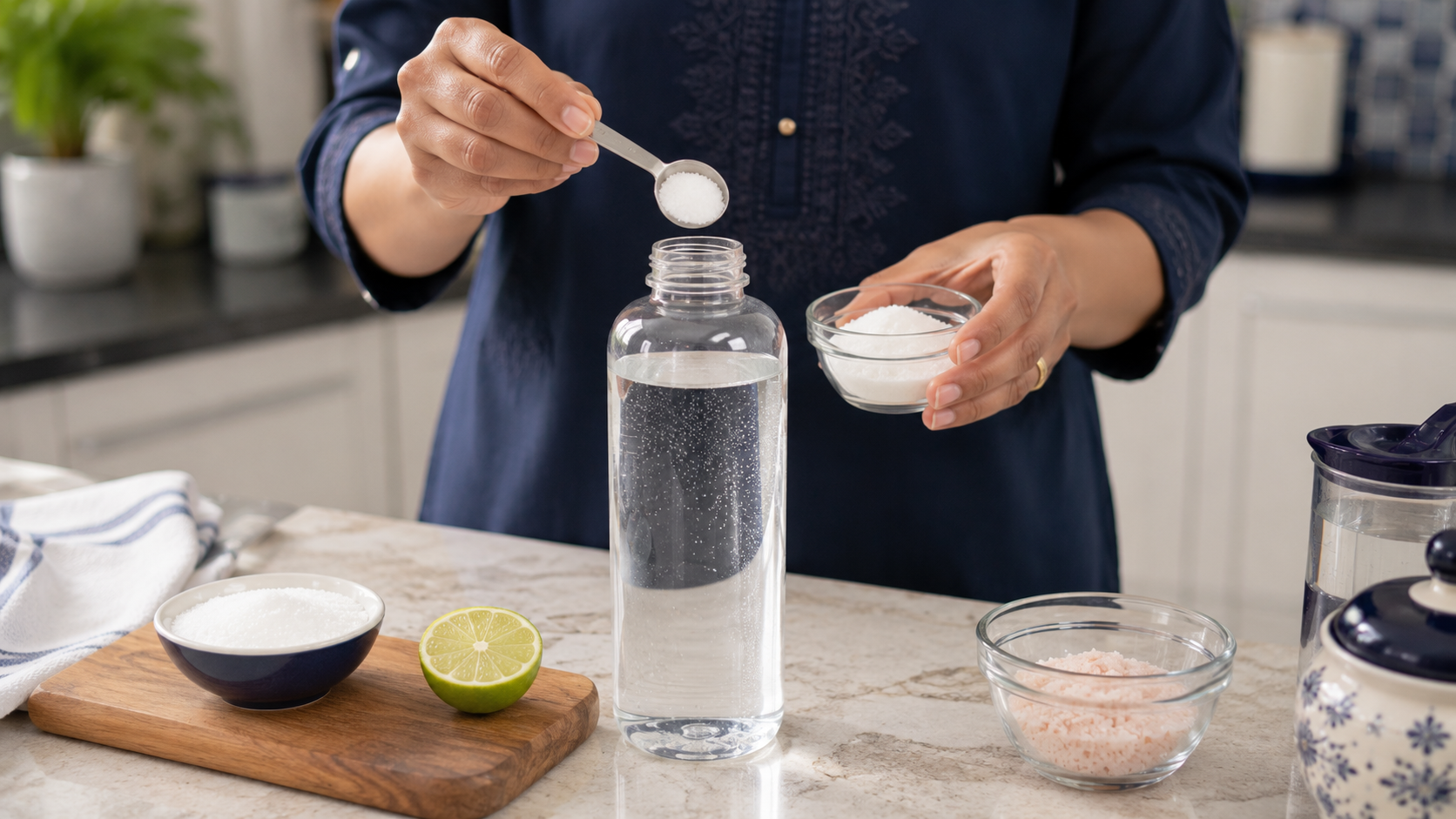 Hands measuring sugar and salt into a clean litre bottle of water to prepare homemade ORS solution