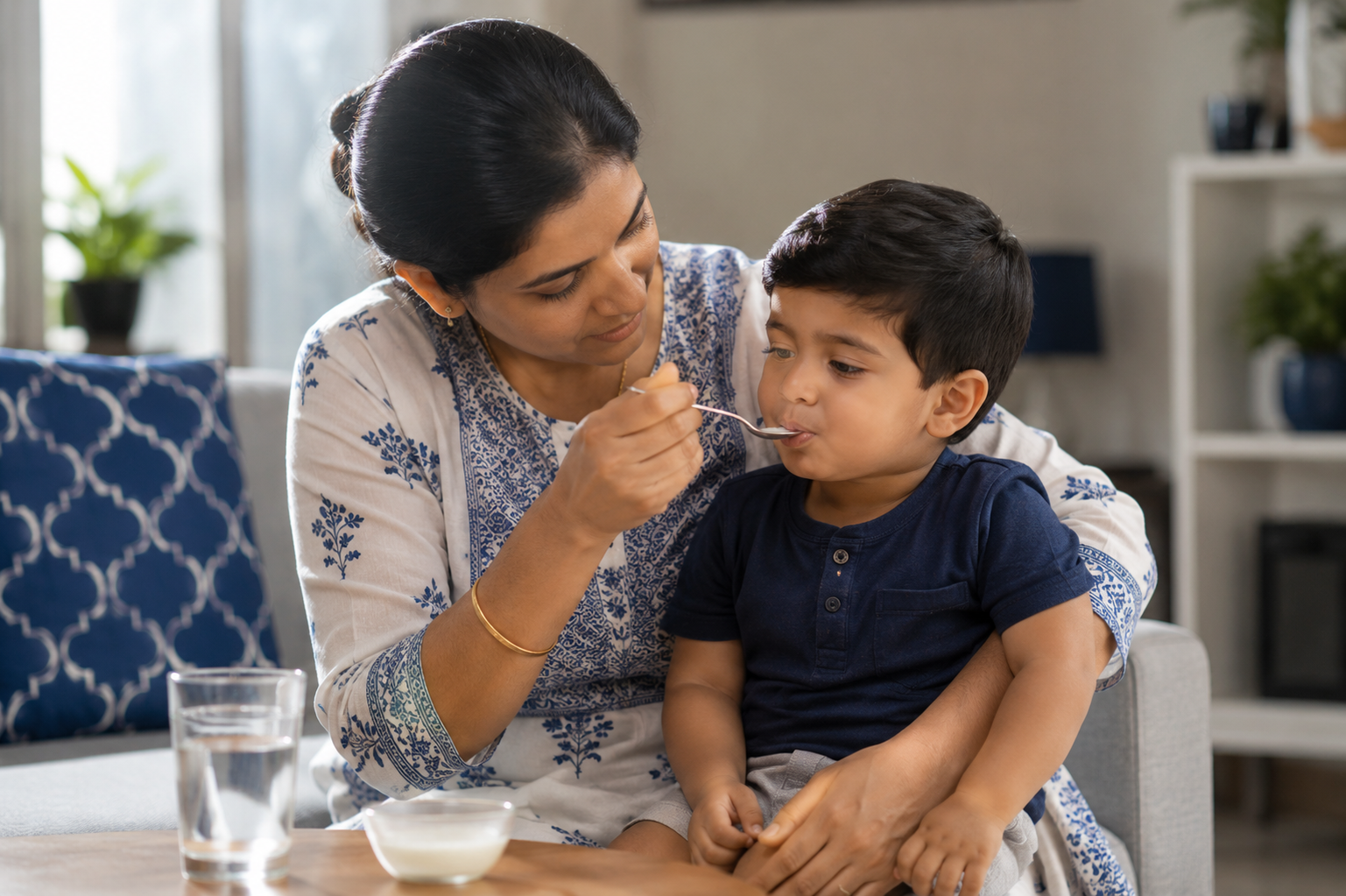 Mother giving a child small sips of ORS solution with a spoon at home