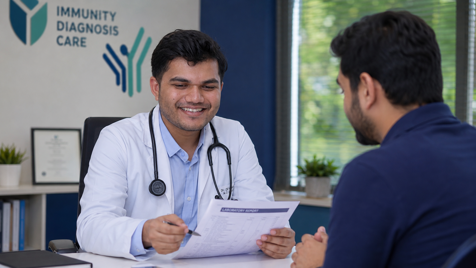 Doctor reviewing autoimmune blood test results with a patient at Swasthya Hospital, Kutch