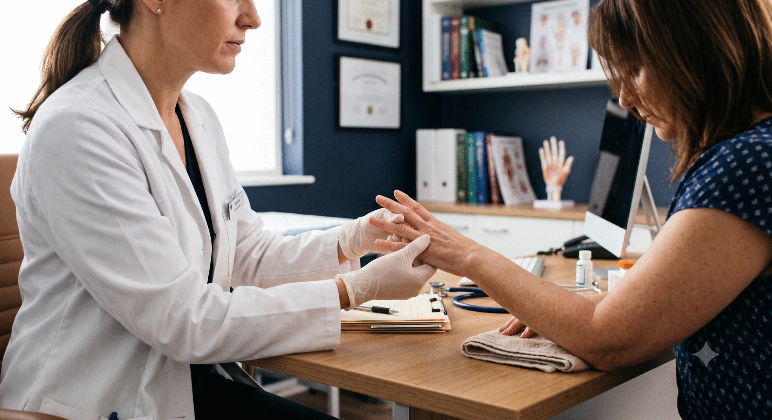 Doctor examining a patient's swollen hand joints during a rheumatology consultation