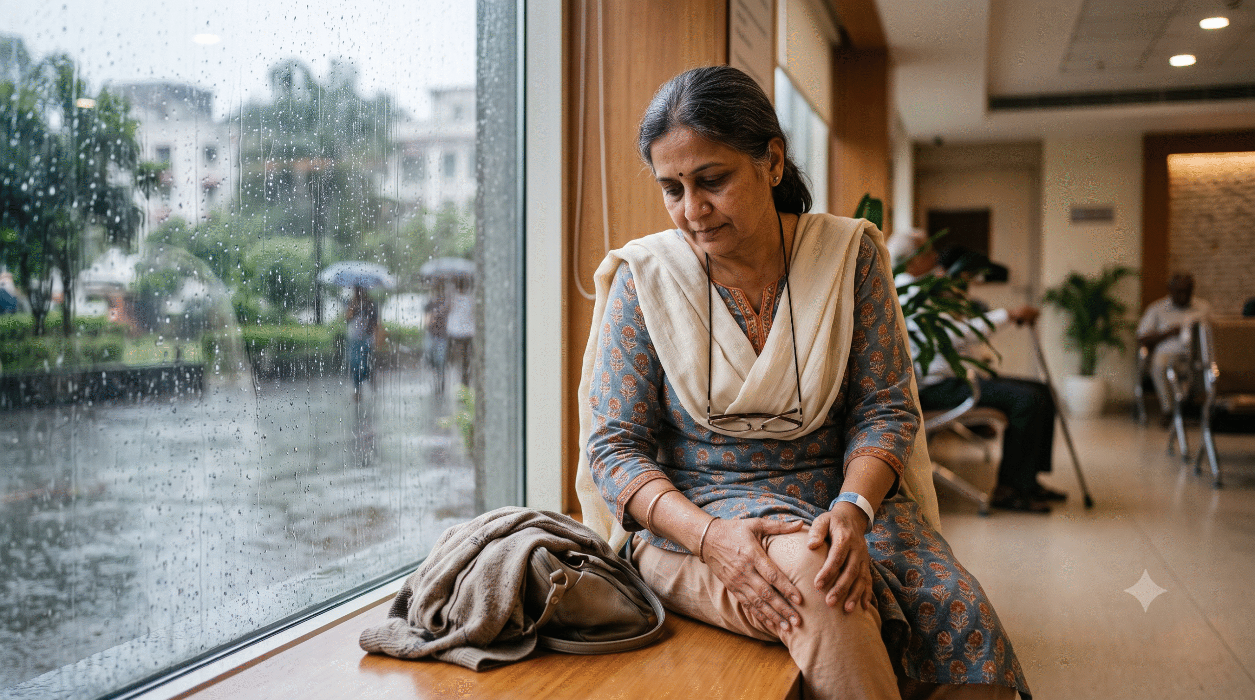 Elderly patient in Kutch holding a stiff knee during monsoon rain, looking out a window at the rainfall