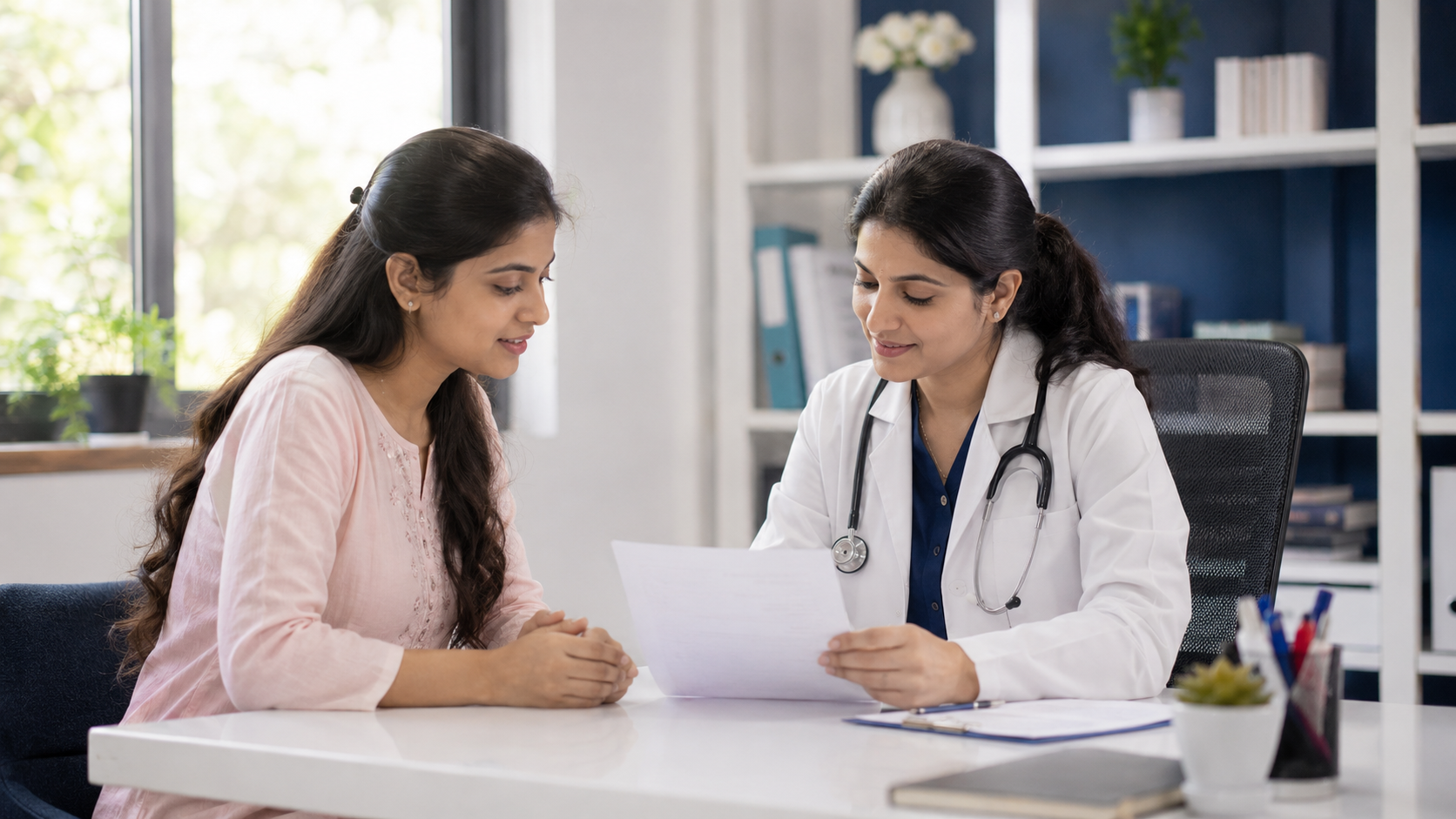 Woman reviewing hormone blood test results with an endocrinologist in a clinic consultation