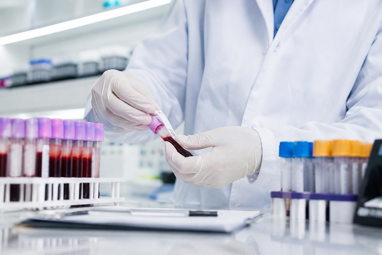 Laboratory technician preparing a blood sample for thyroid and hormone panel testing