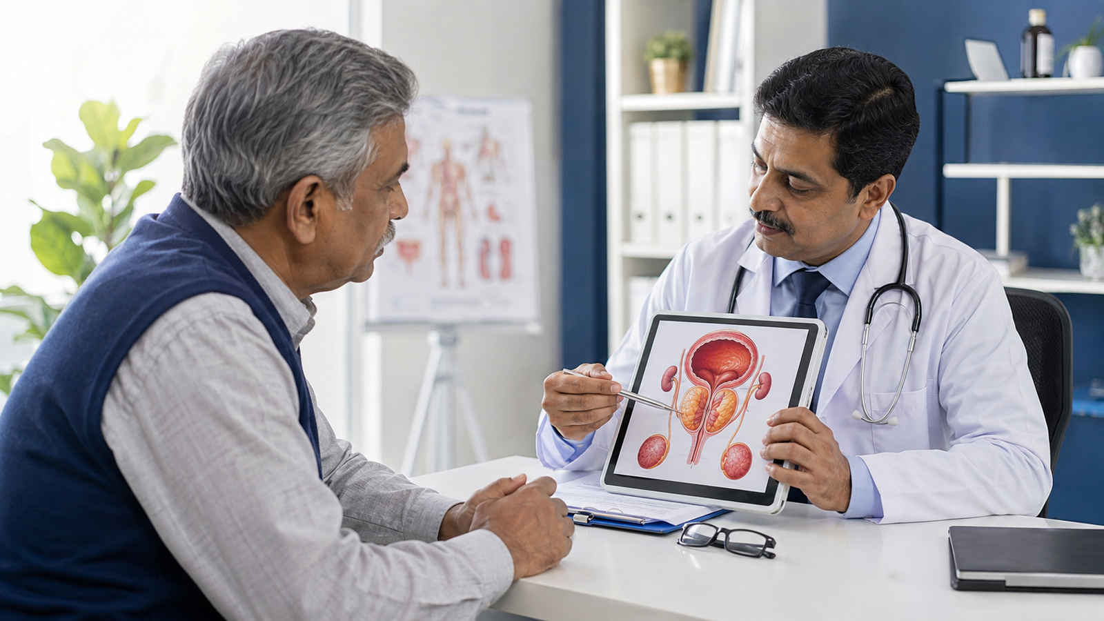 Elderly Indian man consulting a doctor about urinary symptoms and prostate health