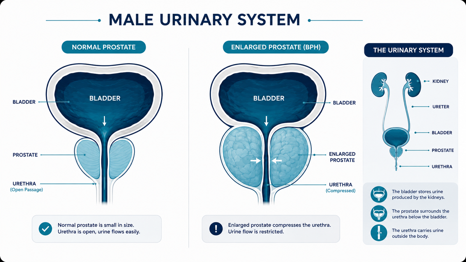Diagram illustrating how an enlarged prostate compresses the urethra and affects urine flow