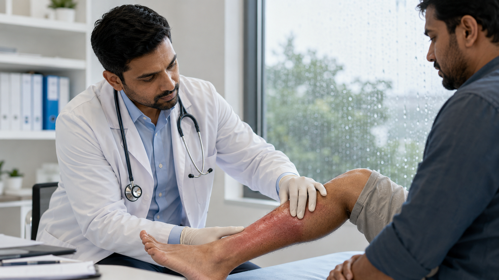 Doctor examining a patient's leg for signs of a spreading cellulitis skin infection during monsoon