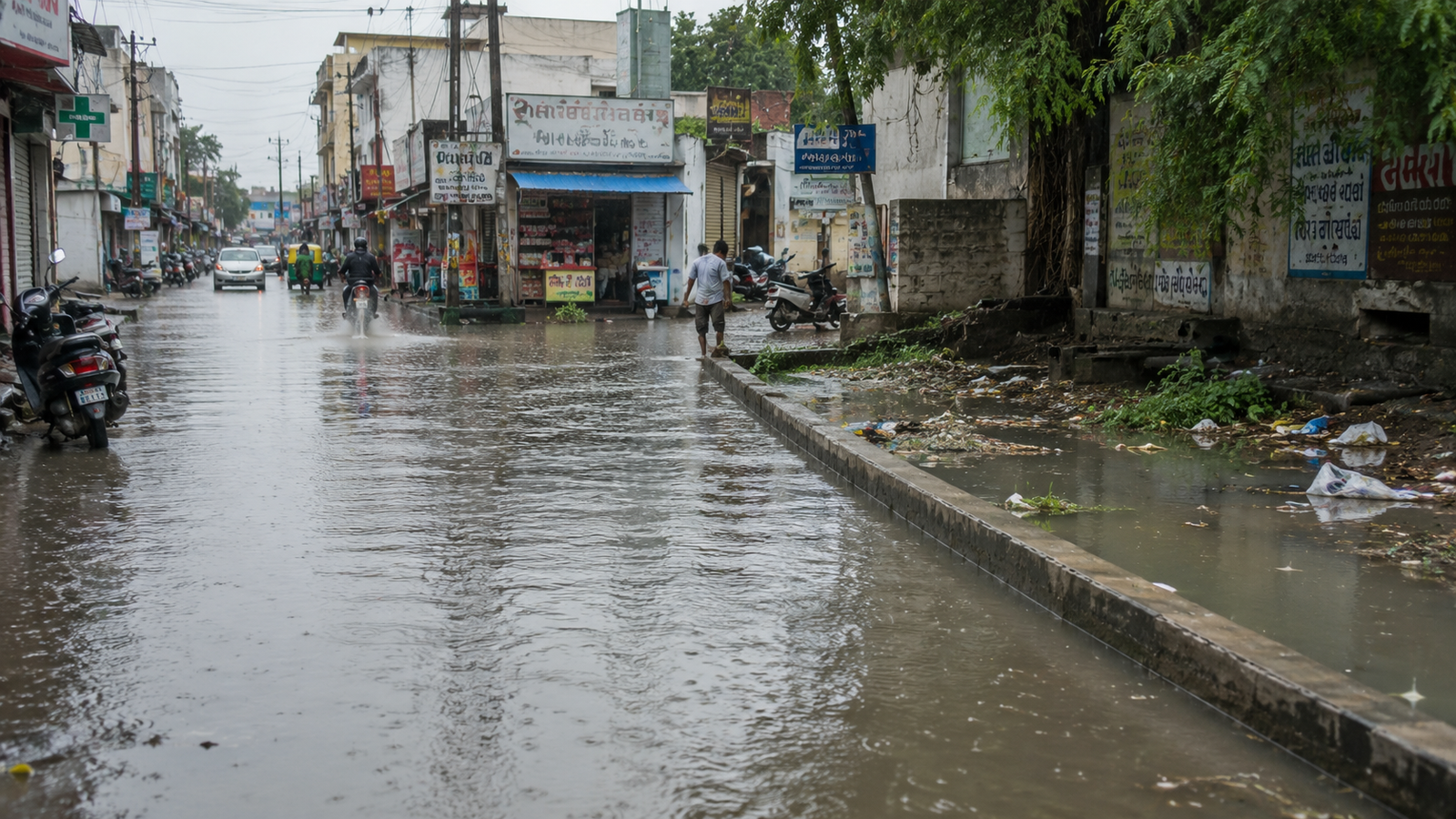 Waterlogged monsoon street in Gandhidham increasing risk of bacterial skin infection through unnoticed cuts