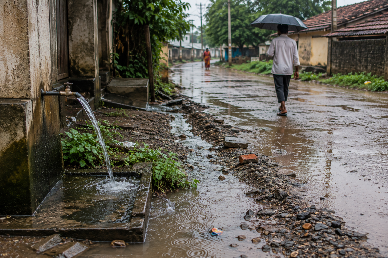 Illustration of monsoon runoff and contaminated water increasing intestinal worm transmission risk