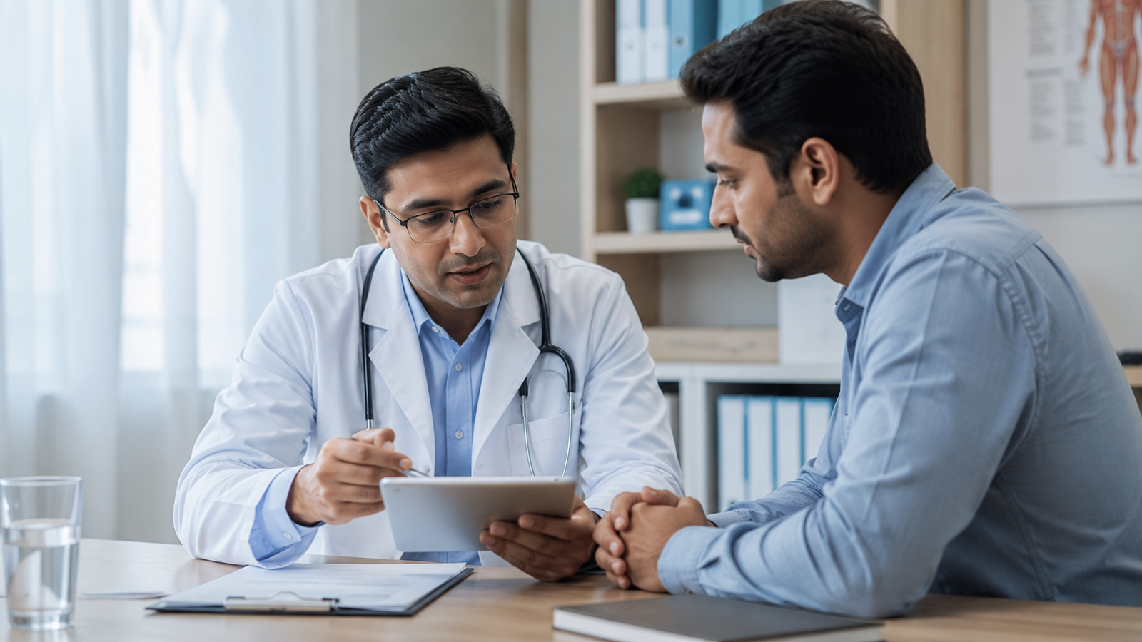 Doctor discussing intestinal worm infection symptoms with an adult patient during a consultation