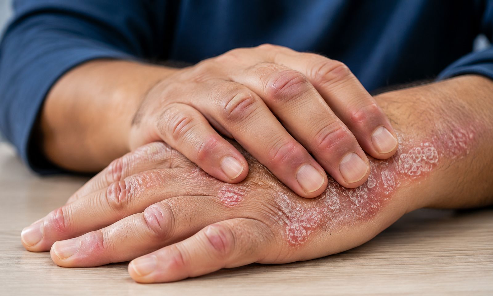 Close-up of hands showing psoriasis skin patches and swollen finger joints