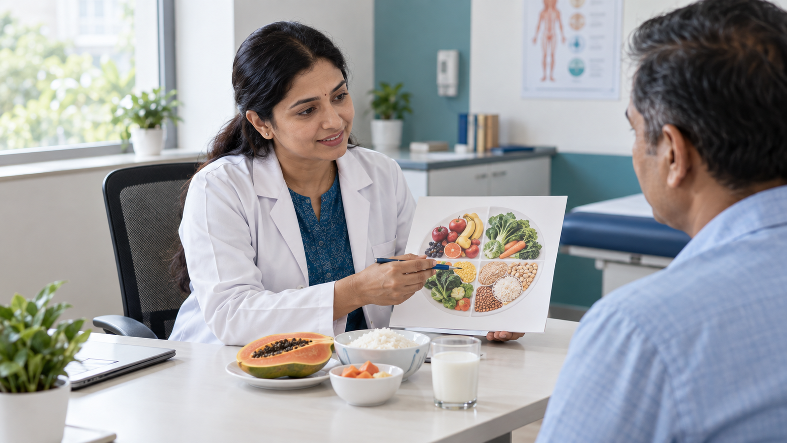 ડાયટિશિયન IBS દર્દી સાથે Low FODMAP ખોરાકની યાદી સમજાવી રહ્યા છે