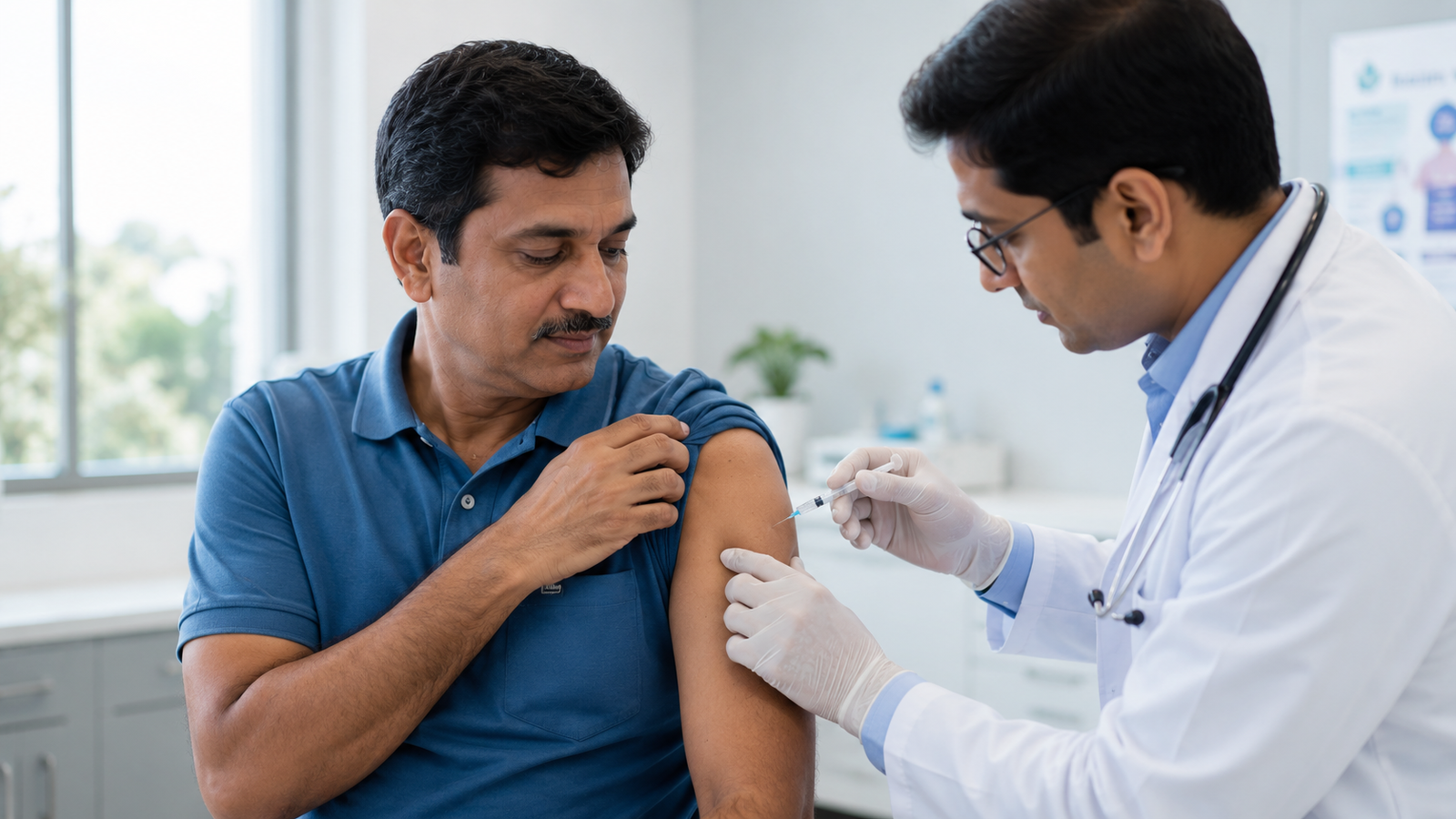 Adult receiving a vaccine from a doctor during a clinic visit