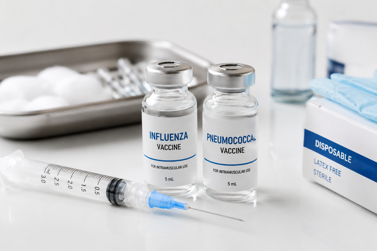 Vaccine vials and syringe representing annual flu and pneumococcal vaccination for adults
