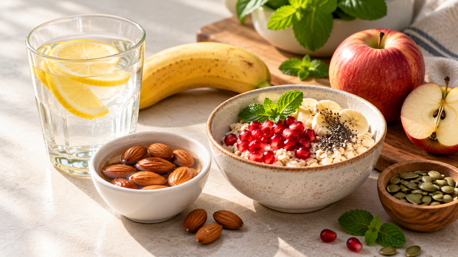 A glass of warm water, a few soaked almonds, and a ripe banana on a light wooden surface