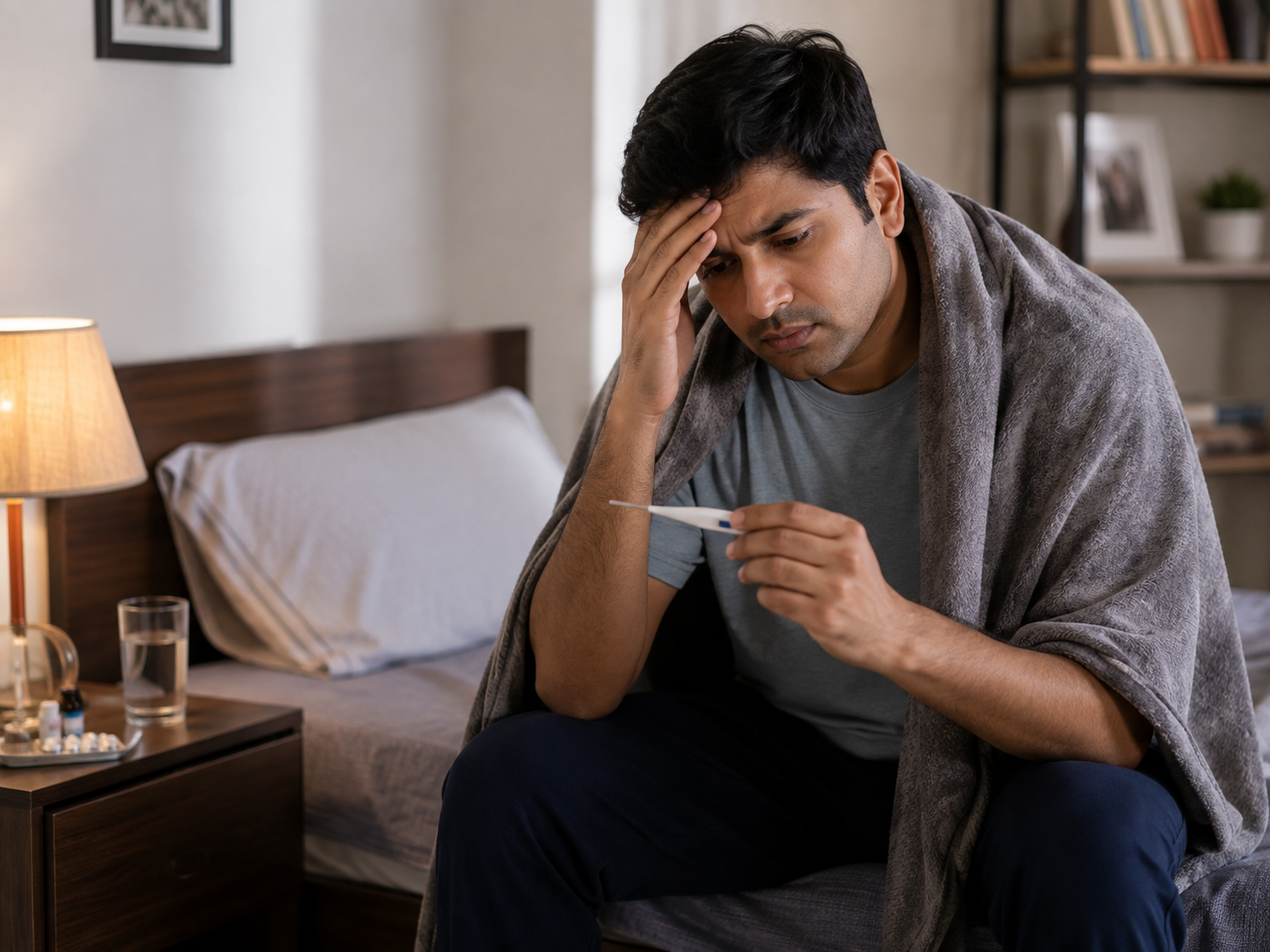 Adult checking a thermometer at home while deciding whether a fever needs hospital evaluation
