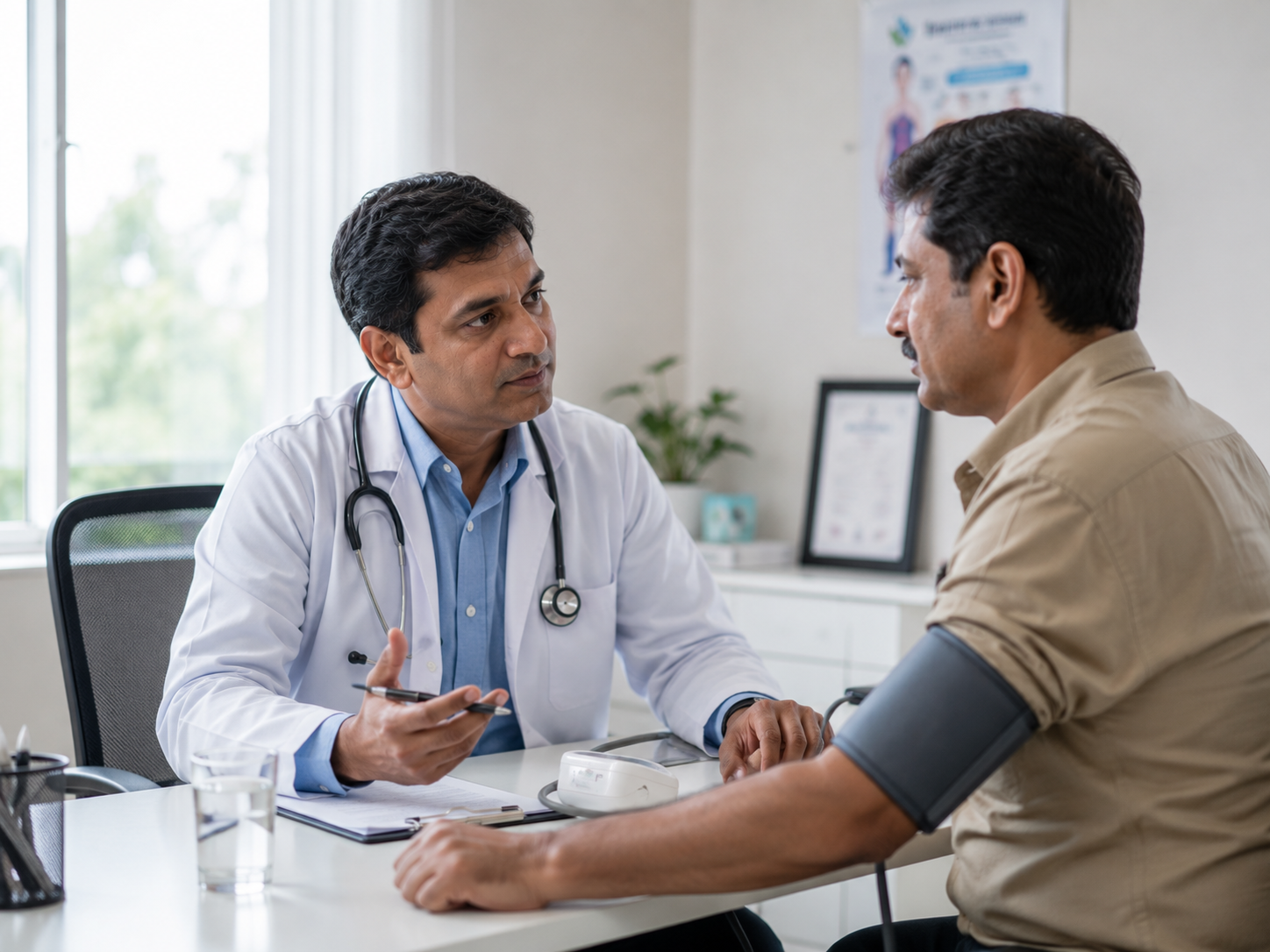 Doctor evaluating a patient with fever and warning signs in a hospital setting