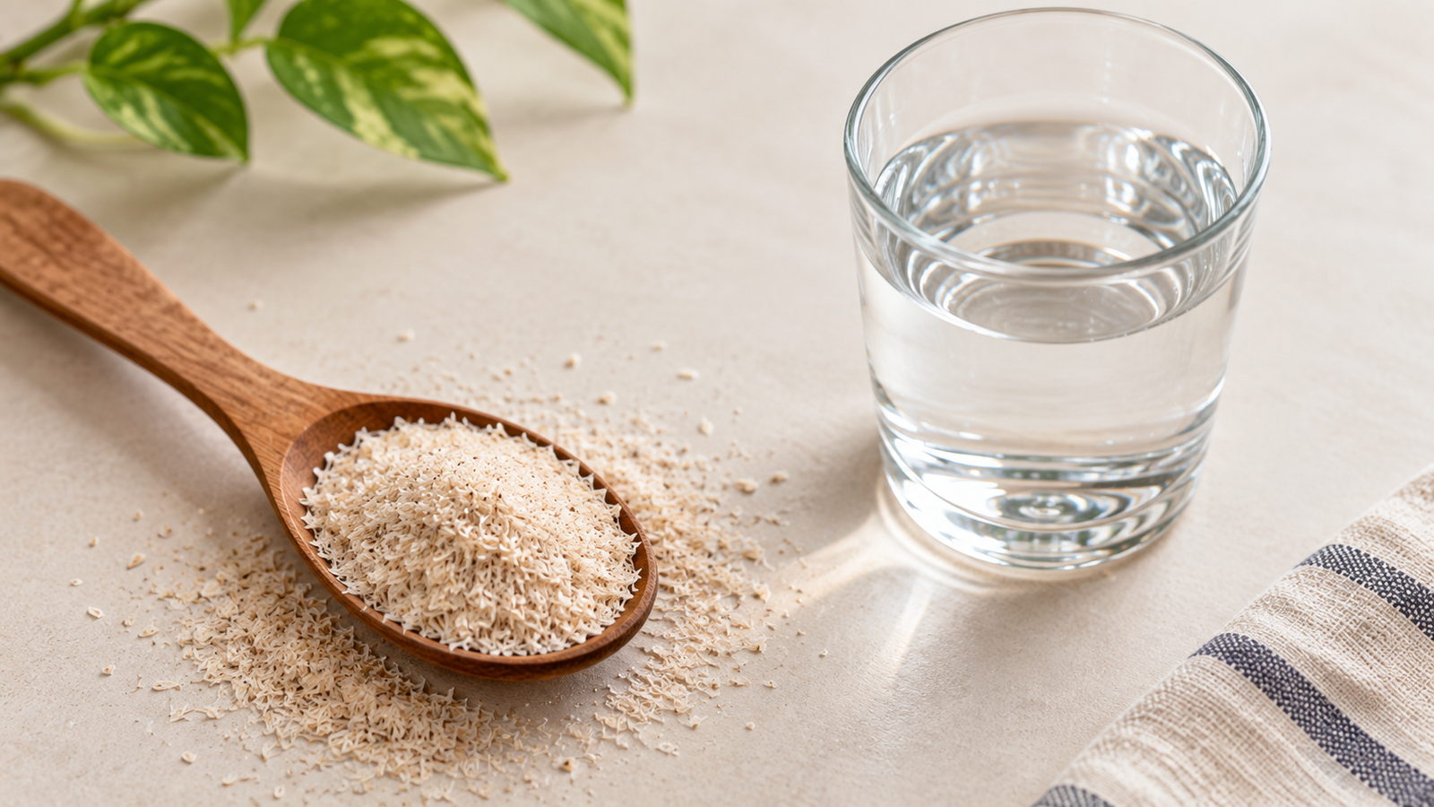 A level teaspoon of isabgol psyllium husk being mixed into a full glass of water