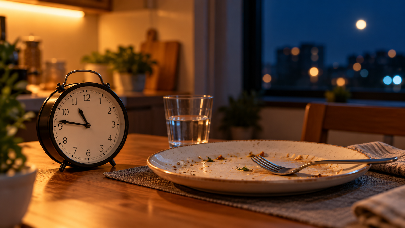 A bedside clock showing a late evening time next to a simple empty dinner plate