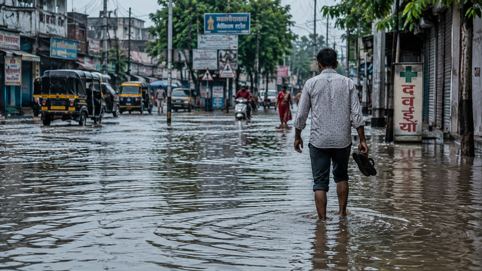 Person wading through waterlogged monsoon street, a common exposure route for leptospirosis