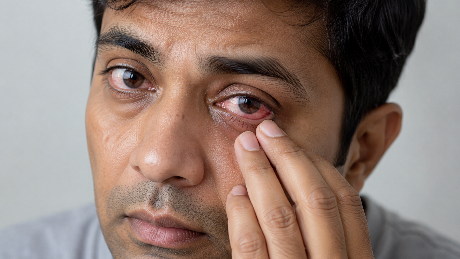 Person with red, watering eyes typical of viral conjunctivitis during monsoon