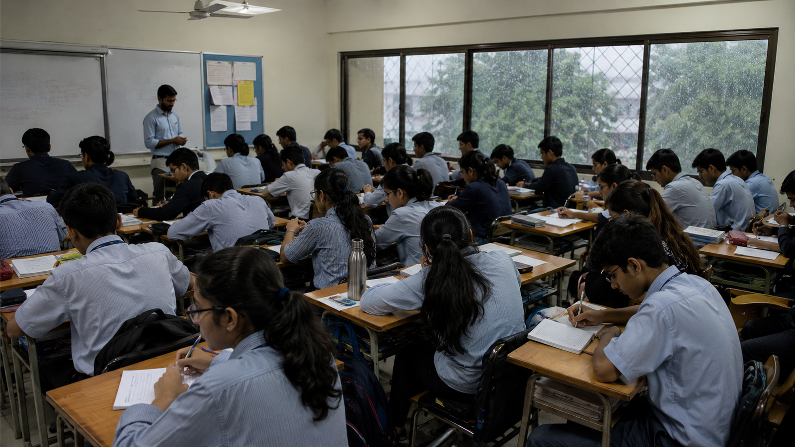 Crowded classroom setting where eye flu spreads quickly through shared surfaces
